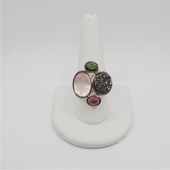 925 Sterling Silver Pink & Green Tourmaline - Pink & Druzy Quartz Statement Ring - Picture 6 of 8